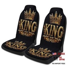 Queen and King Pattern Car Seat Covers, 2PC Front Seat Set Golden King Crown