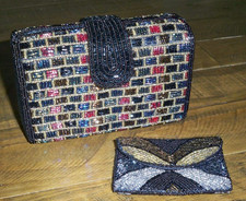 Hand Beaded Bag Multi-color Small Clutch Purse w/Bead ID Case Handbag Black Gold