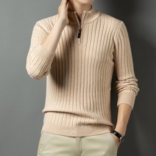 Men Warm Knitted Mock Neck Zipper Sweaters Jumper Knitwear Ribbed Pullover Basic