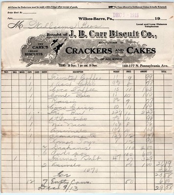 BILLHEAD J B Carr Biscuit Co Wilkes-Barre PA 12/9 1913 Crackers and Cakes
