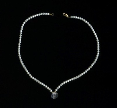 14K 6,7 Gramm massives Gelbgold 14'' Rosenquarz & weiße Perle Strang Halskette-MA