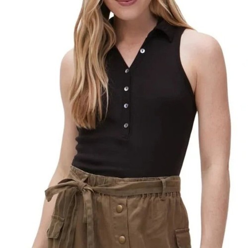 Michael Stars Size 1X Black Norah Sleeveless Button Front Polo Shirt NWT Neutral - Picture 1 of 12