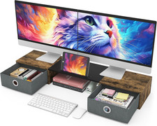 Dual Monitor Stand Riser with Two Drawers, Extra Large Storage for 2 Monitors, D