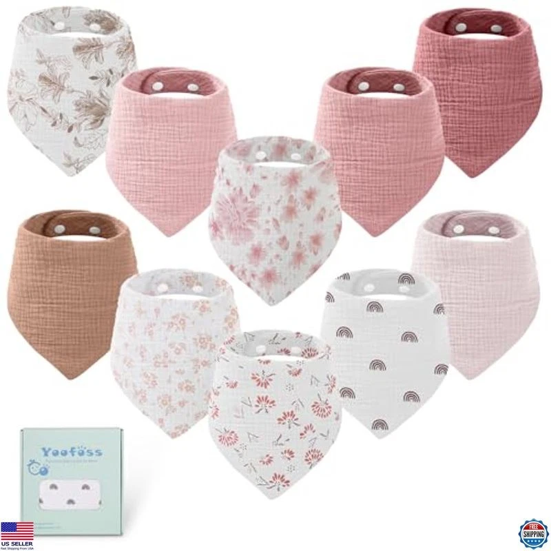 Yoofoss 10-Pack Organic Cotton Muslin Baby Bibs - Soft, Absorbent Bandana Bibs
