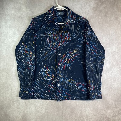 VTG Napoli Shirt Mens Large Blue Abstract Button Up Long Sleeve AOP Italy Made