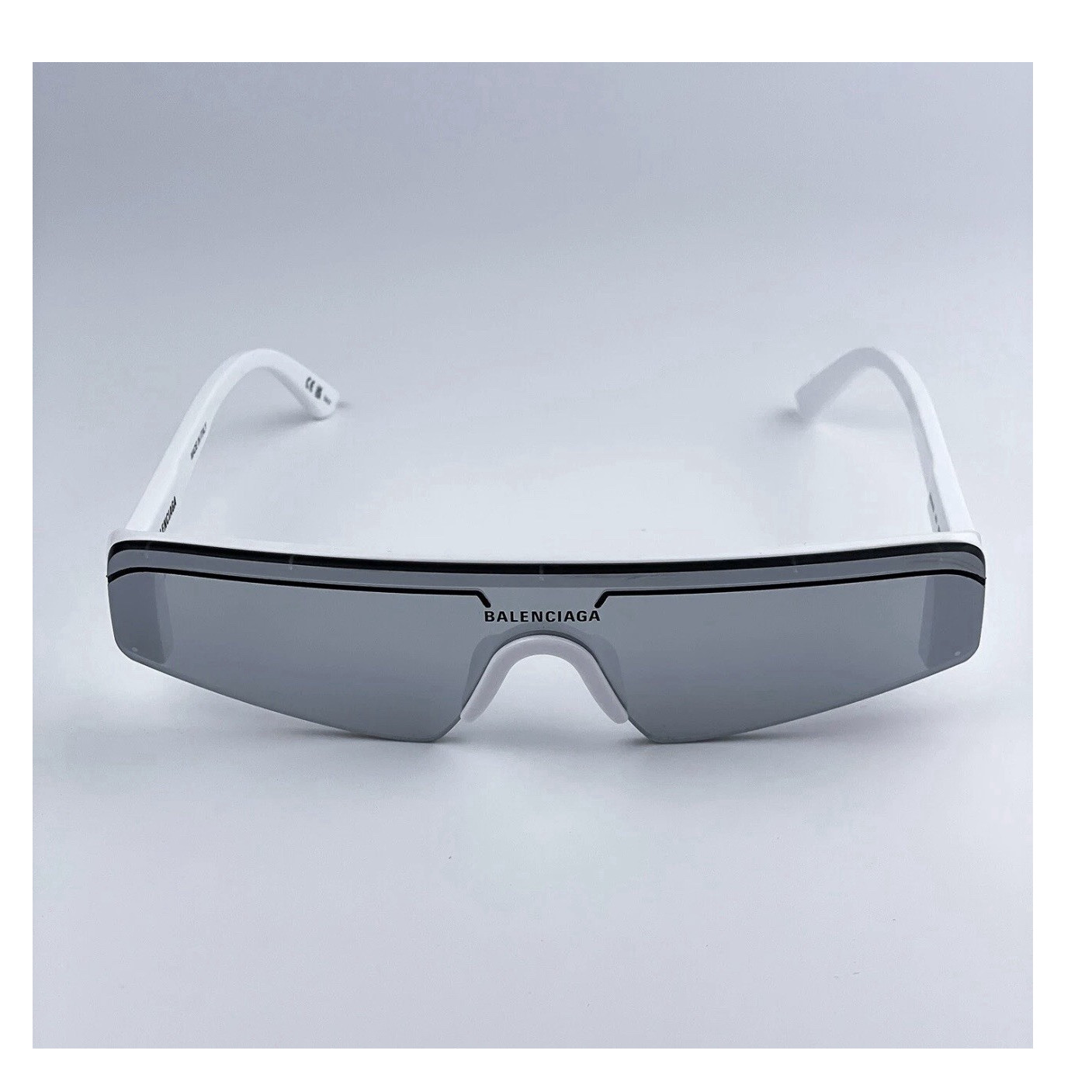 Balenciaga Women's Shield Sunglasses White Plastic Frame Mirrored Gray Lens