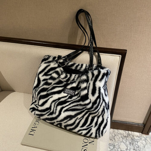 FuMeiJiaJiaJu Vintage cebra rayas vaca patrón impresión felpa hombro bolso mujer - Imagen 10 de 11