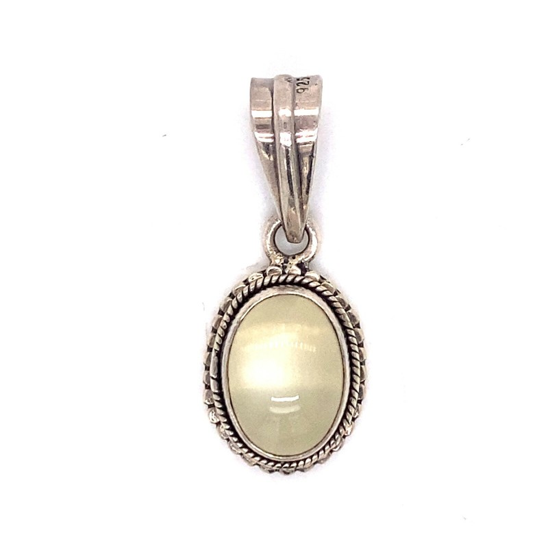 Vintage Sterling Silver Oval Cabochon Pendant Pale Green Stone Pendant 1.5"