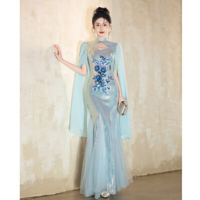 New Luxury Chinese Style Womens Fishtail Dress Cheongsam Gown Blue Sequin  Dress | eBay
