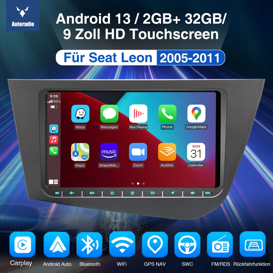 Android 13 Carplay Autoradio GPS Navi RDS WIFI MIK Kam Für Seat Leon 1P1 2005-11 - Bild 2 von 4