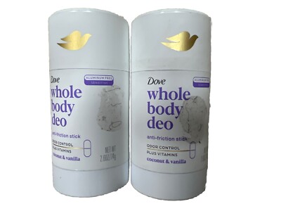 LOT OF 2 Dove Whole Body Deo Aluminum Free Anti-Friction Coconut & Vanilla 2.6oz