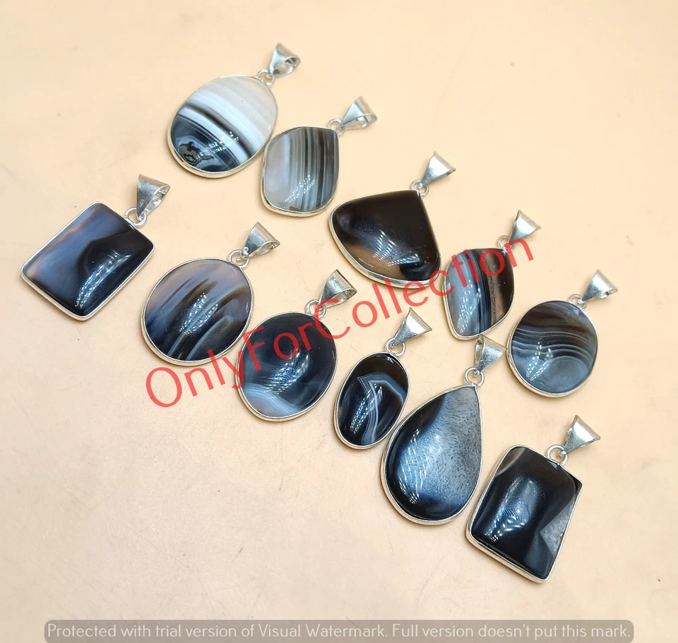 Lote de colgantes al por mayor enchapados en plata de ley 925 piedras preciosas de ágata con bandas negras Foto 2 de 3