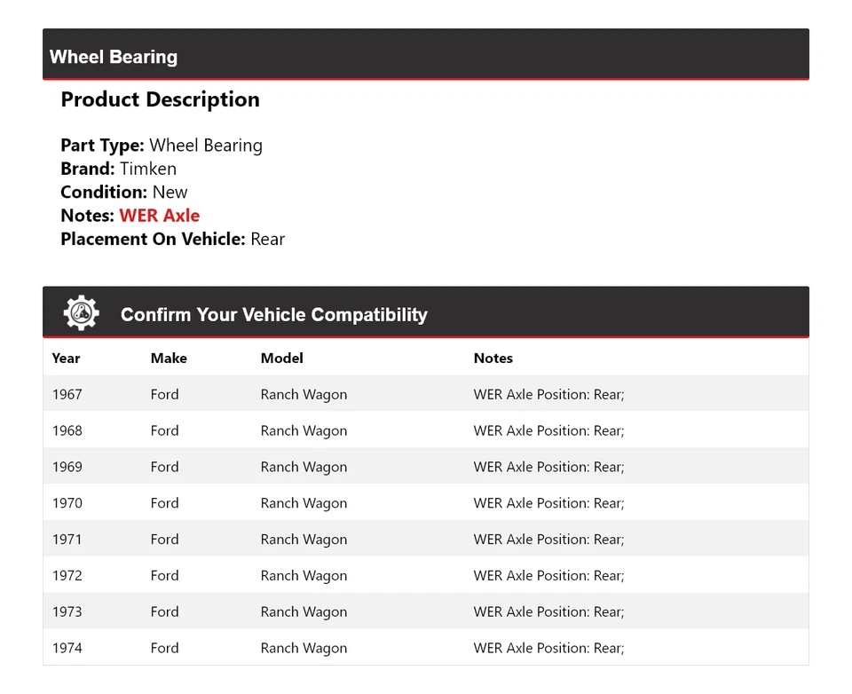 Cojinete de rueda trasero Timken 1968 1969 1970 1971 para Ford Ranch Wagon 1967-1974 Foto 2 de 4