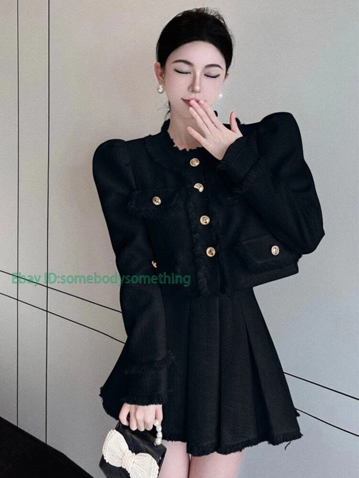 Conjunto pequeño de dos piezas para mujer chaqueta corta abrigo + falda plisada trajes conjunto de 2 piezas Foto 4 de 4