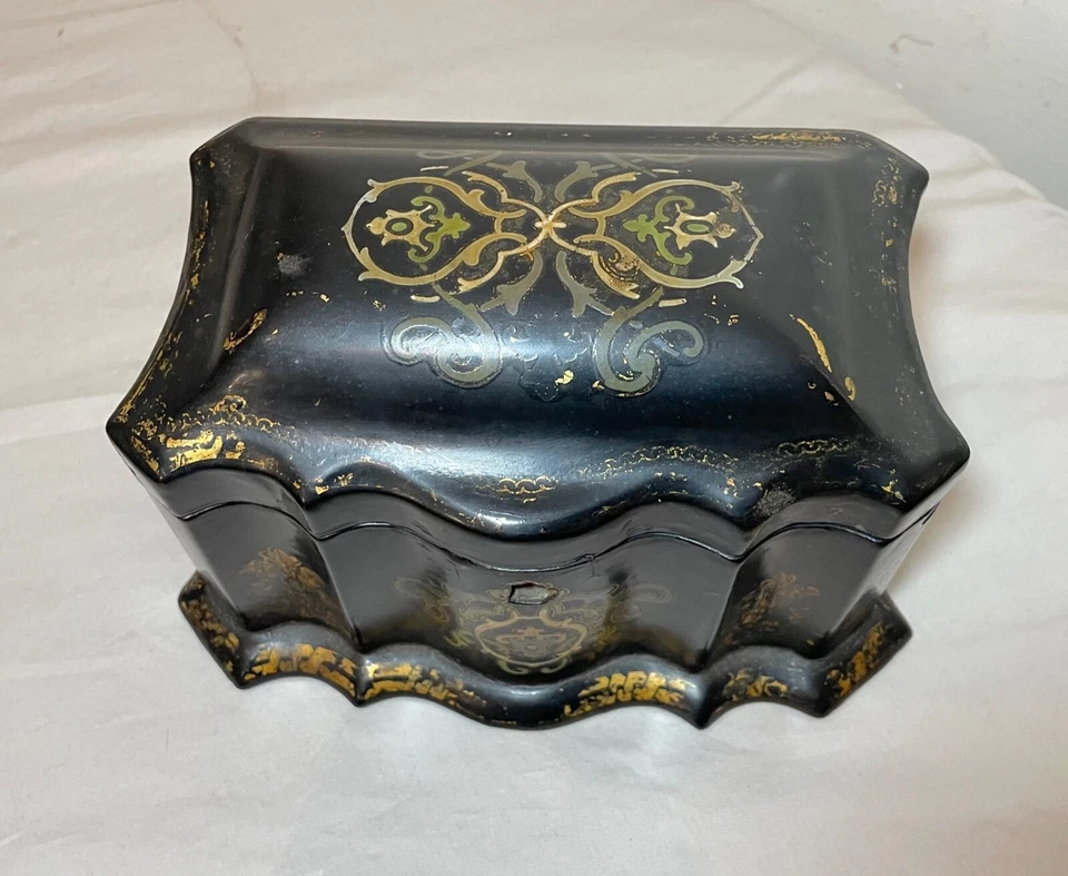 caixa de chá antiga de madeira francesa lacada dourada feita à mão do século XIX - Imagem 3 de 4