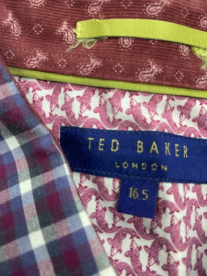Camisa Ted Baker Hombres 16.5 Roja Cuadros Londres Manga Larga Puño Abatible Abotonada Carrera Foto 3 de 4