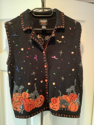 Designer Originals STUDIO BOO Black Halloween Knit Vest Sweater Cat Pumpkin M