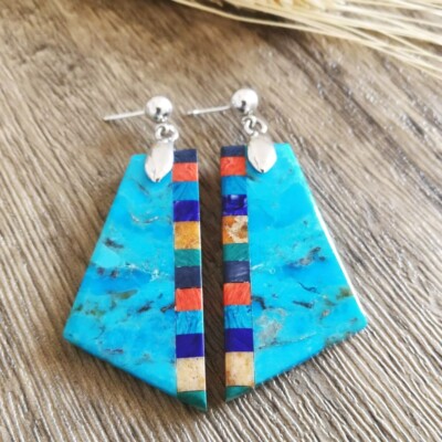 Native American Turquoise Mosaic Inlay Large Drop Earrings Colorful Unique