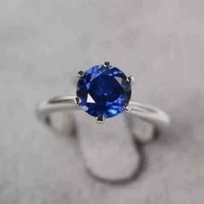 Lab Created Sapphire 2Ct Round Cut Solitaire Engagement Ring White Gold Plated