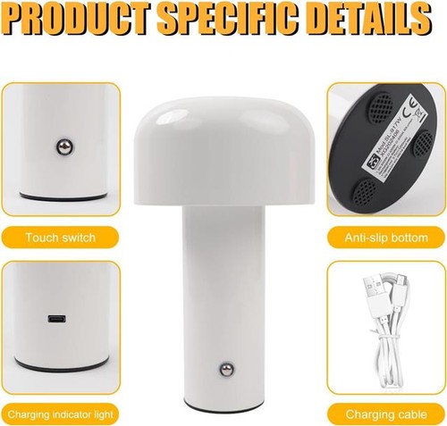 Lampada da Scrivania LED Fungo con Controllo Touch 3 Colori USB Ricaricabile 31cm Bianco - Foto 6 di 6