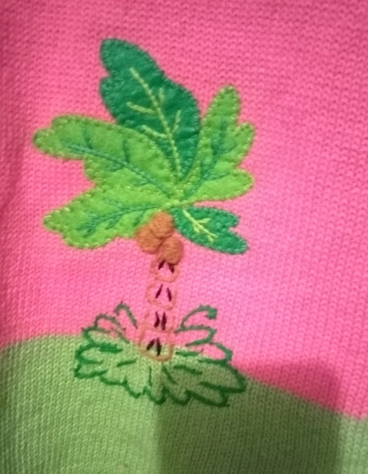 Vtg Quacker Factory Flamingo Tunic SS Sweater Pink Knit Palm Tree APPLIQUE Beads - Image 2 of 4