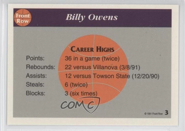1991-92 Front Row Limited Edition Billy Owens Billy Owens #3 Rookie RC - Image 2 of 2