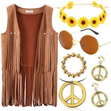 Womens 70s Disco Hippie Cowgirl Fringe Vest Costume Outfits