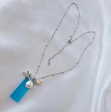 Silver Tone Cable Chain Necklace w/ Blue Sea Glass Pendant Acrylic Pearl Charm