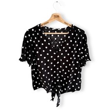 Black Spotty Tie Blouse Ladies Size 16 Short Sleeved Button Down Tie Front Top