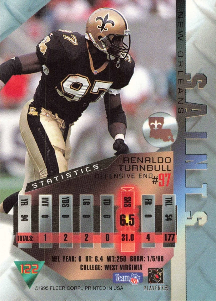 Renaldo Turnbull 1995 Fleer Metal #122 New Orleans Saints Football - Image 2 of 2
