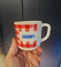 Vintage Mid Century Milk Glass Coffee Mug Cup Red Gingham Johnny  Westfield