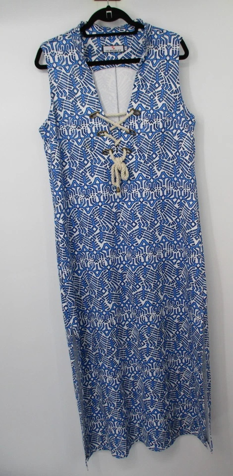 CK Bradley Womens XL Dress White Geometric Beach Nautical Maxi Blue White Beach - Image 2 of 4