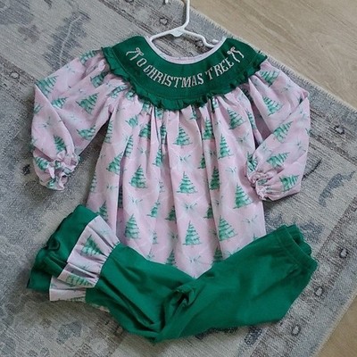 Tiny Town Smocks Girls Embroidered Smocked ''O Christmas Tree'' Bow Outfit Sz4T