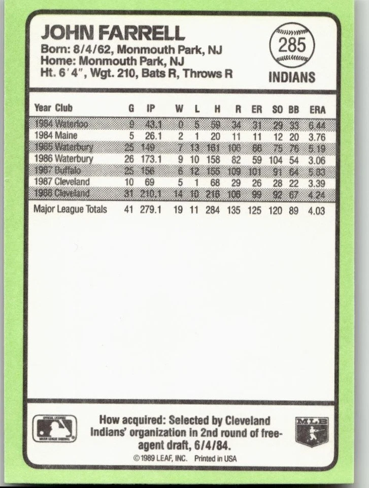 John Farrell 1989 Donruss Baseball's Best Baseball Cleveland Indians - Image 2 of 2