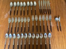 Vtg MCM INTERPUR STAINLESS FLATWARE INR2 Wood...