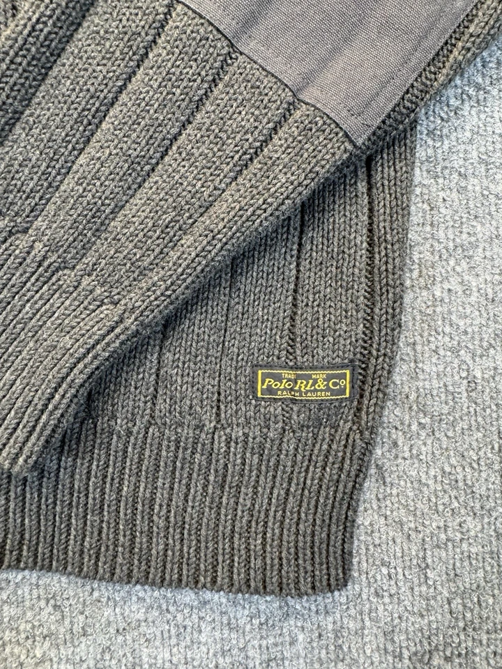 Polo Ralph Lauren Para Hombre XL Acanalado Tejido Suéter Gris Cuello en V Codo Parches Algodón Foto 2 de 4