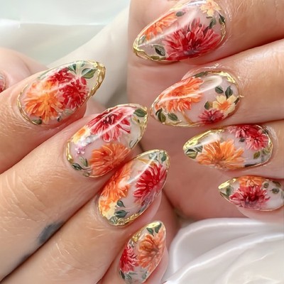 48PCS almond transparent 3D chrysanthemum gold border nail press, reusable nail 