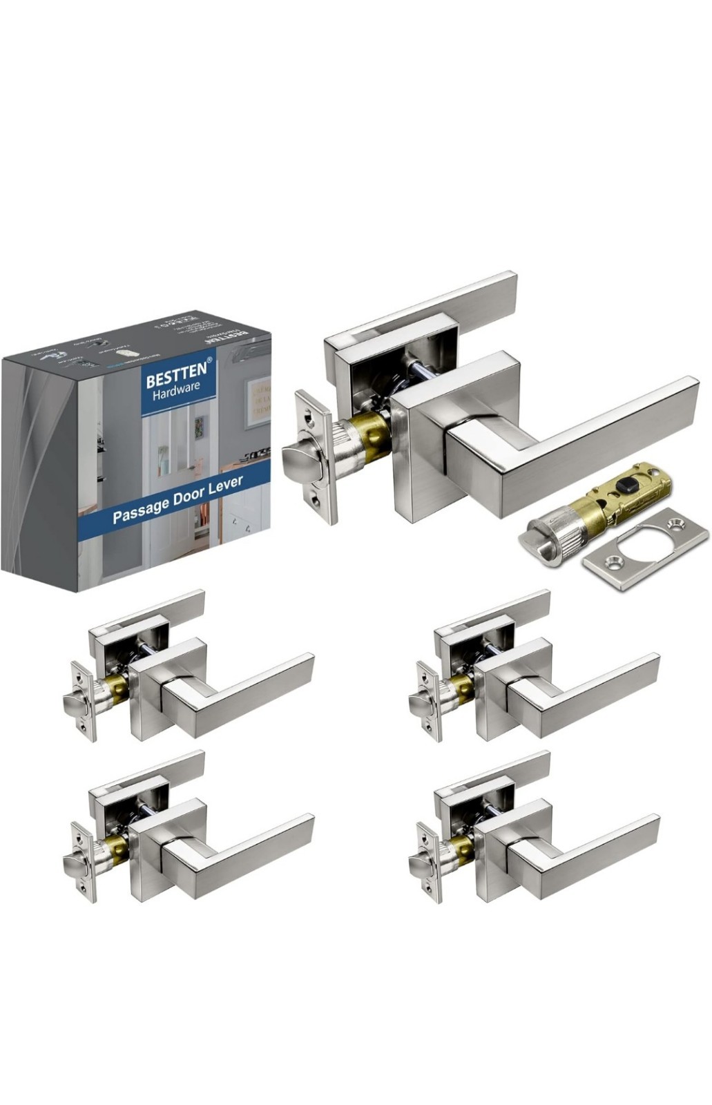 Square Passage Door Lever for Hallway & Closet - Keyless Handle with Removable Rosette