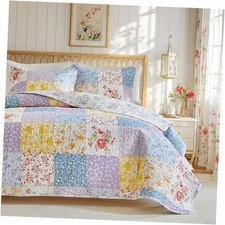 Floral Cotton Quilt Set Flowers Grid Patchwork Design, Queen-90"x90" Colorful