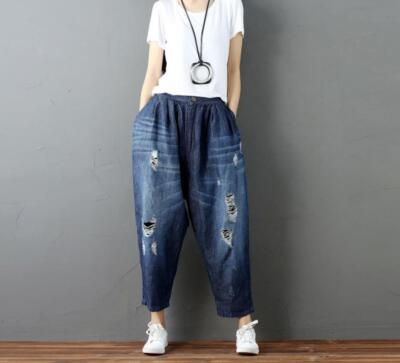 Hot Women Drop Crotch Denim Trousers Pants Baggy Jeans Loose Distressed  Ripped