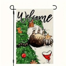 Funny Cat Hanging On Tree Welcome Christmas Burlap Garden Flag-12"x18"