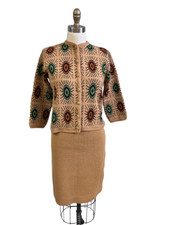 VTG 1970s Sheridan Creation Atomic Knit Sweater  Skirt Set Orlon Harvest Gold S