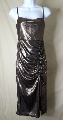 NEW, Women s MICAS Metallic Ruched Slit Spaghetti Strap Midi Dress (L)