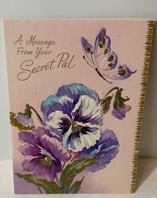 VTG MAP, Inc Embossed Secret Pal Card UNUSED Pansies Butterfly Glitter GORGEOUS!