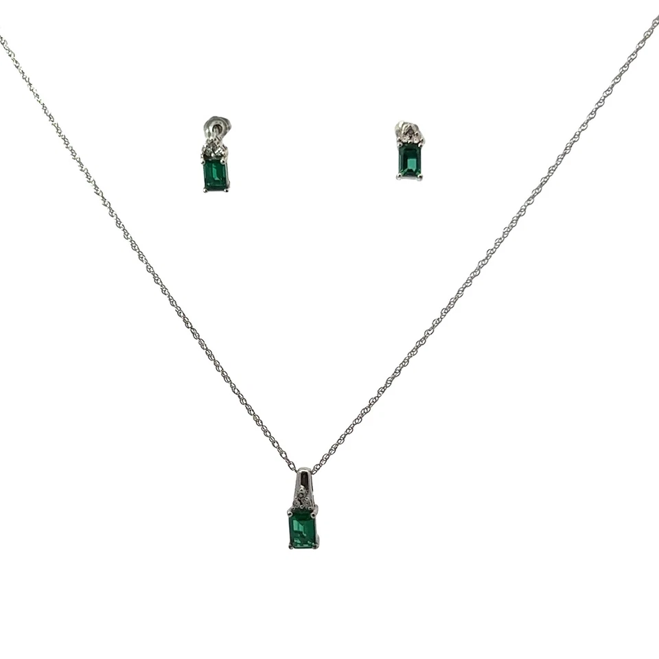 Sterling Silber Laborgezüchteter Smaragd Und Diamant Halskette Und Ohrringe Set - Bild 1 von 3