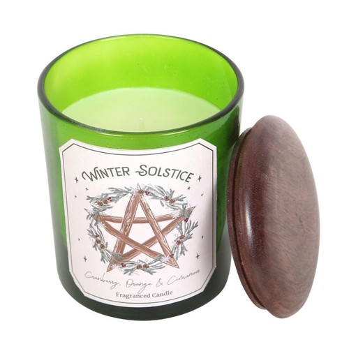 Cranberry Orange and Cinnamon Candle Winter Solstice Scented Green Jar, Wood Lid - Picture 2 of 5