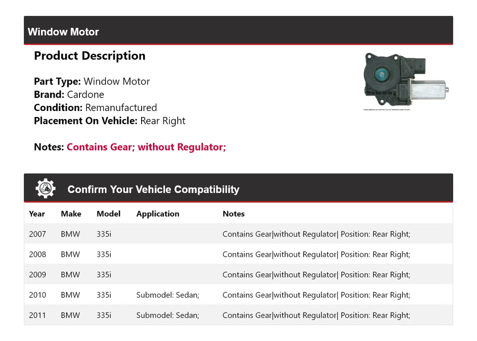 Motor ventana trasera derecha cardone 2008 2009 2010 bmw 335i 2007-2011 Foto 2 de 4