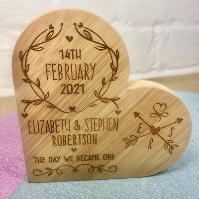 Personalised Wedding Day Anniversary Valentines Gift Couple Him Her Bamboo Heart