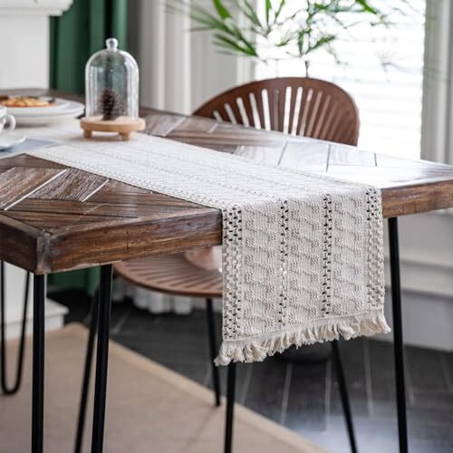 Macrame Table Runner Cream Boho Table Runner with Tassels Hand 12"Wx36"L Beige - Picture 5 of 7