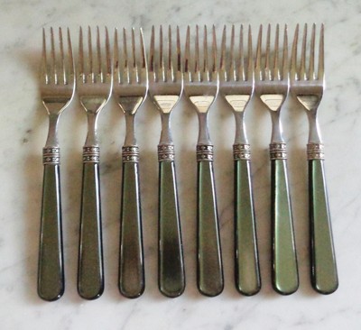 8 Lorena 18/10 Stainless China Lucite Pine Green 6 7/8 inch Salad Dessert Forks